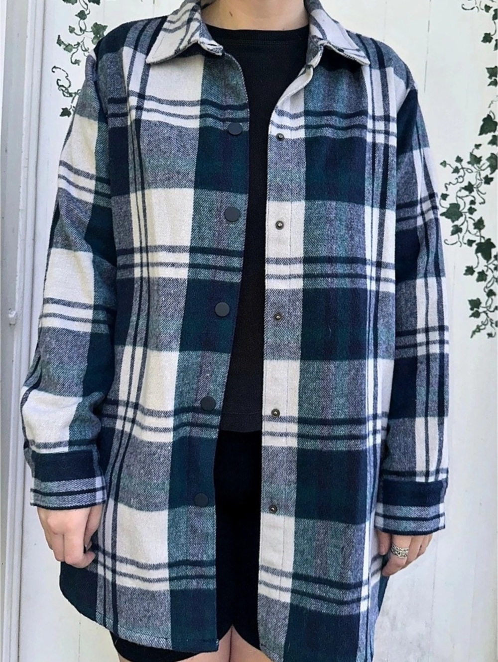 90s Vintage Eddie Bauer Plaid Thermal Shacket in Blue & White w Pockets